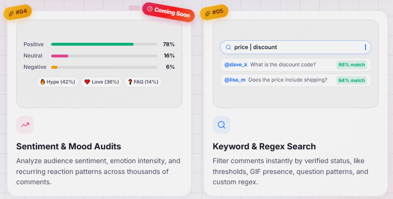Analytics Social Sentiment & Mood Audits card showing 78% positive, 16% neutral, 6% negative, next to the Keyword & Regex Search card